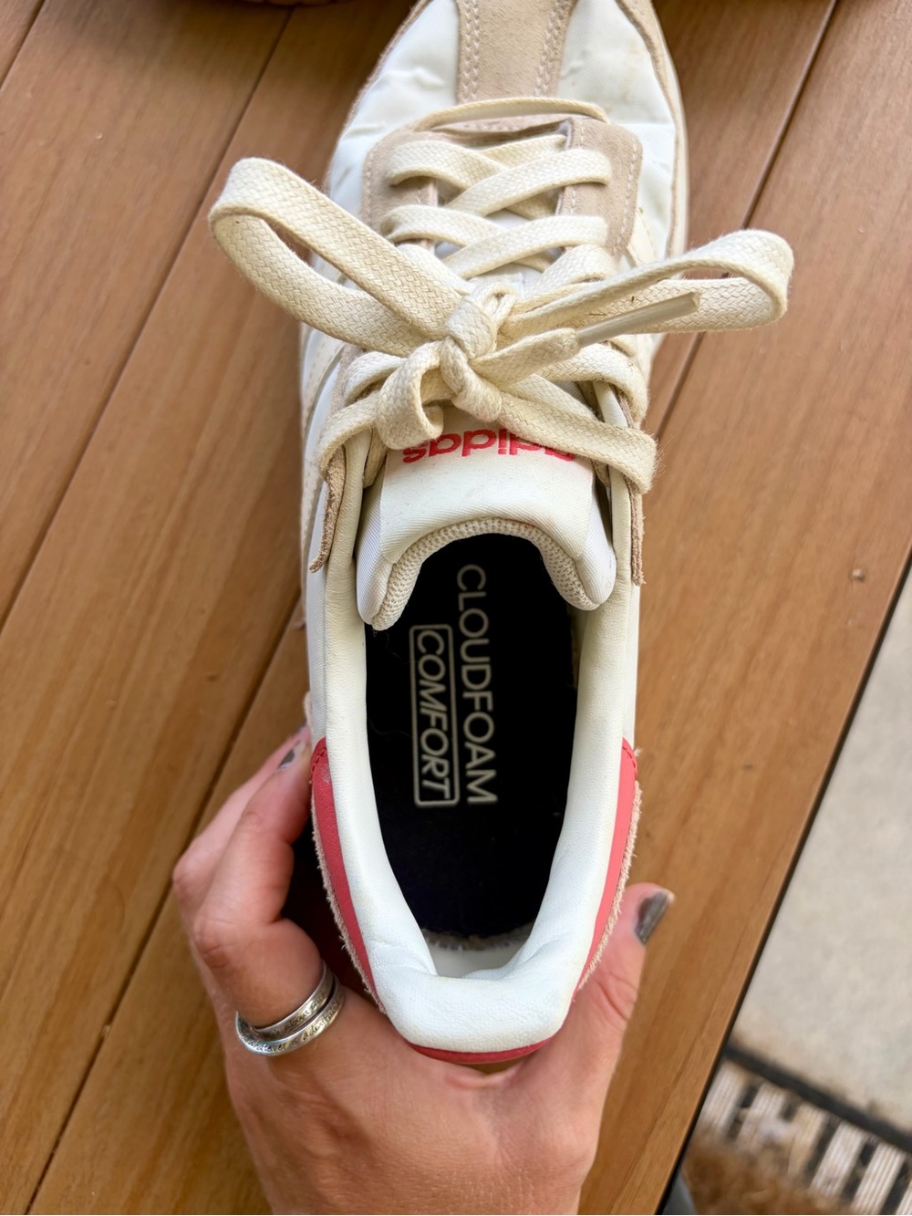 adidas Women’s Cream Suede & Pink Heel Cloudfoam Sneakers - Picture 3 of 5